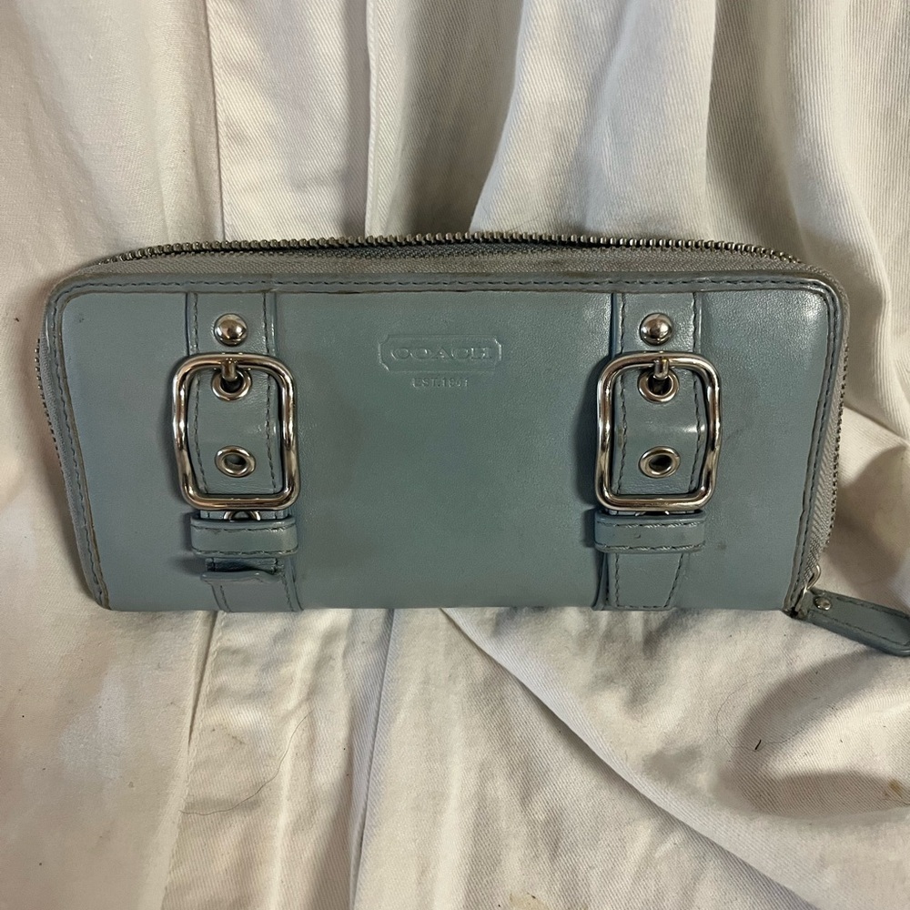 Vtg COACH Wallet Soho Zoe Double Buckle Teal Blue Leather Accordion Zip Around